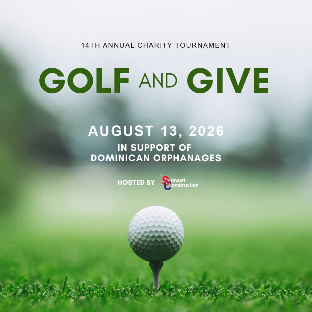 a low angle photo of a golf ball sitting on a tee with the text Golf and Give